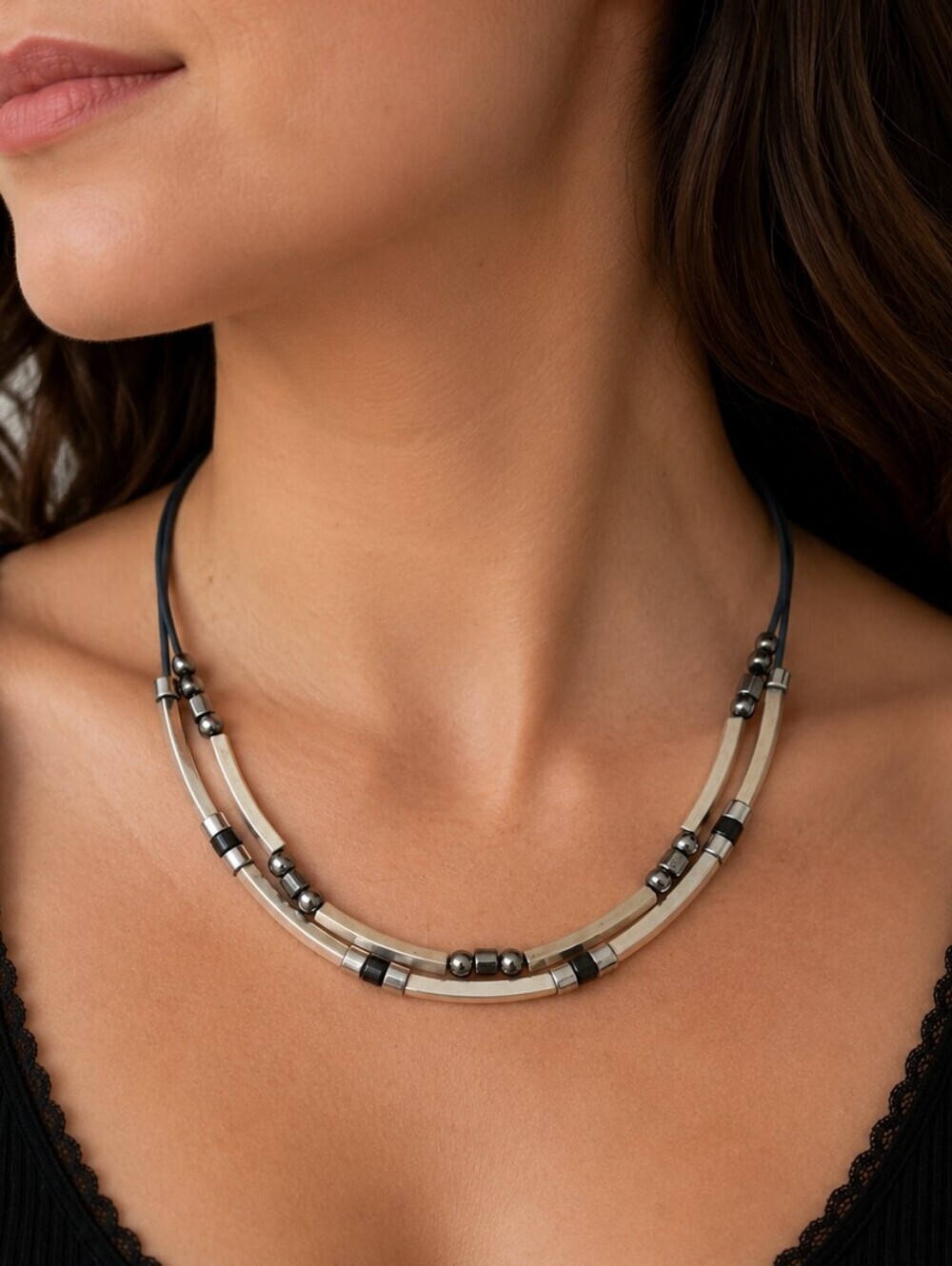 Vintage Set of Two Silvertone Metal Tube Beaded Skater Rope Necklace